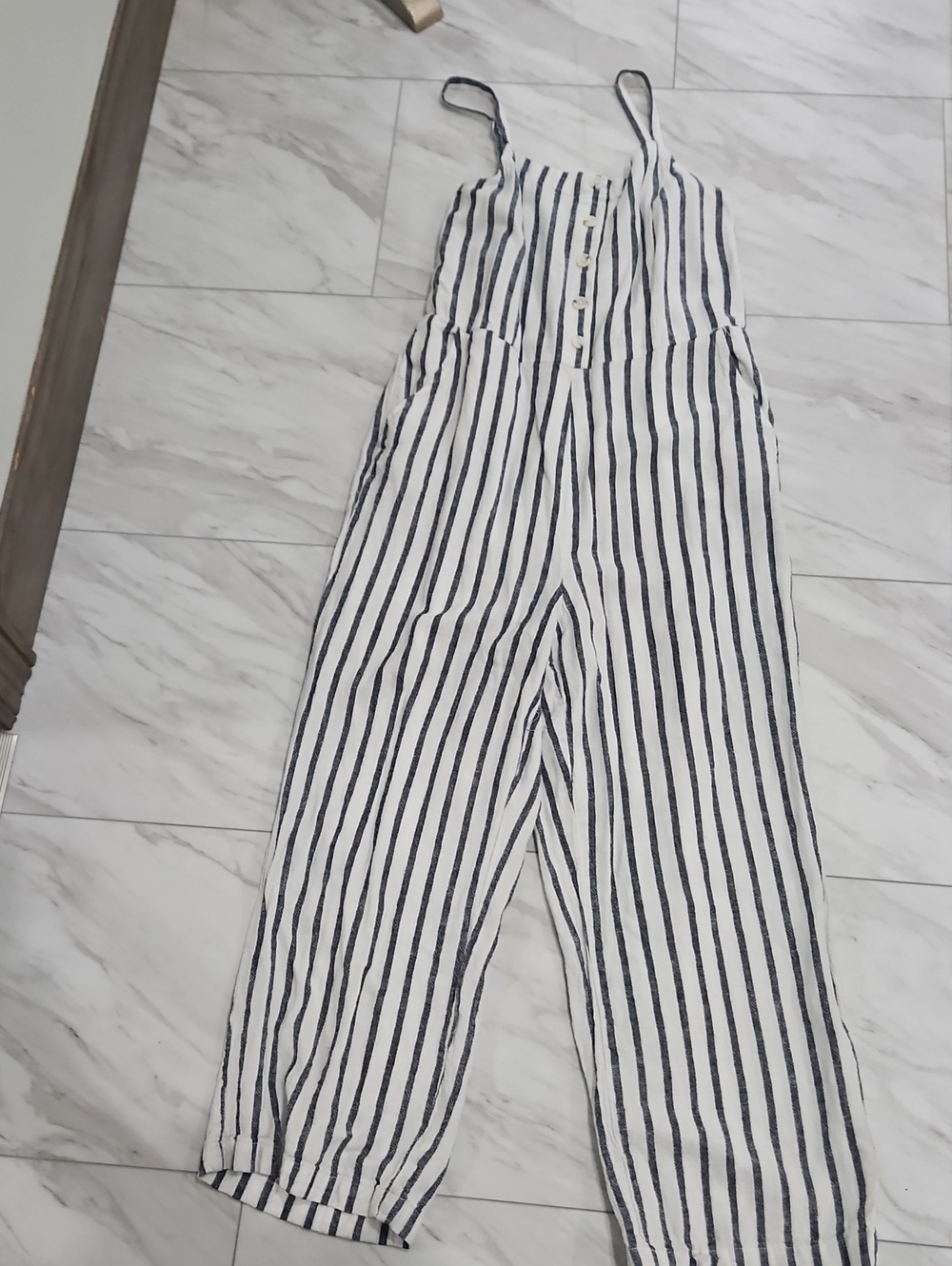 Old Navy White Jumpsuit with Black Vertical Stripes